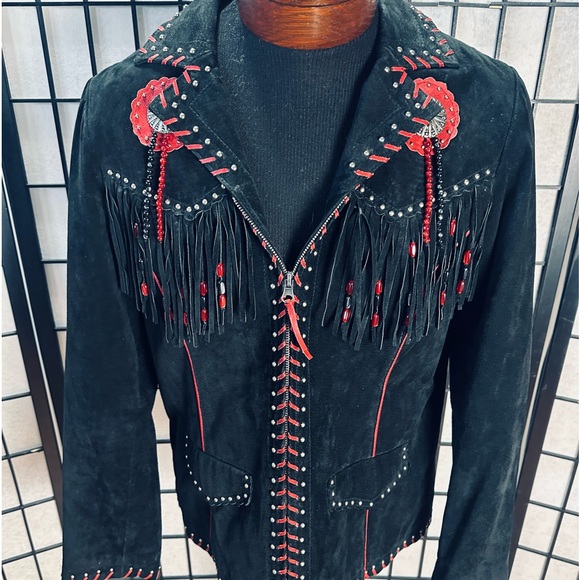 Saguaro West Vintage Black Suede Fringe Leather Jacket w/ Red Braided Trim